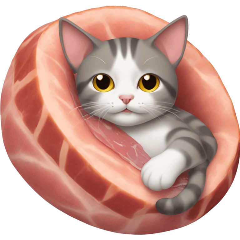 Cat laying down with a large ham on top of him emoji