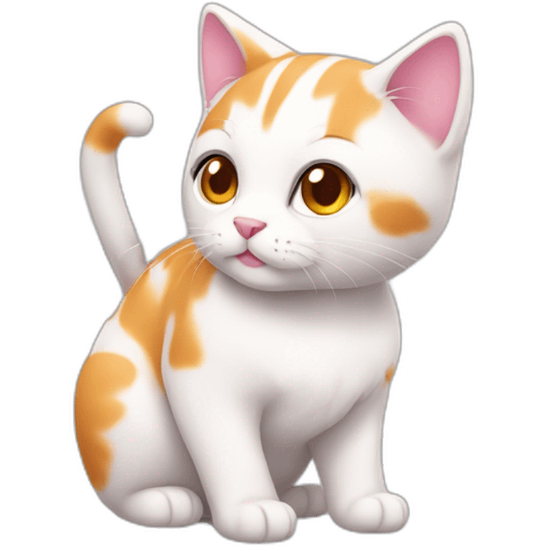 full body white orange cat cute with a small brown eyes and a paw pink necklace emoji