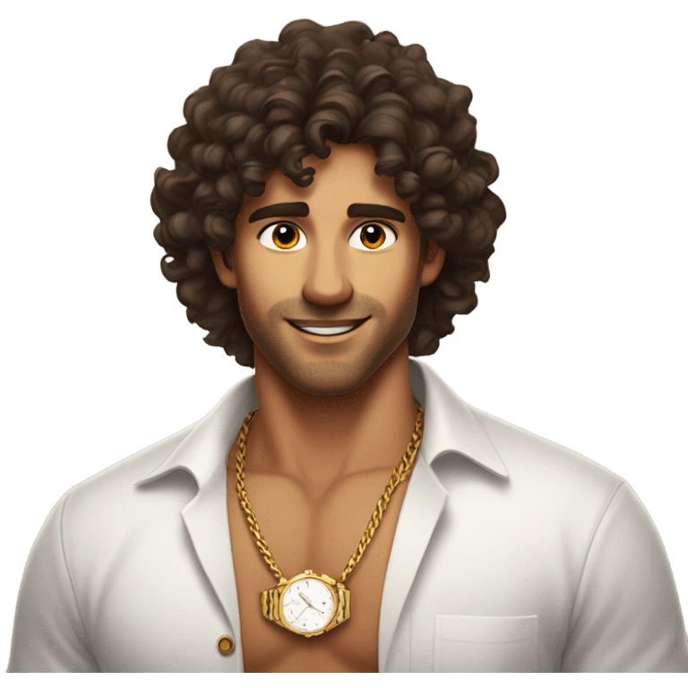 A waist up shot of a handsome tan man with dark brown curly hair wearing a white shirt and a gold watch emoji