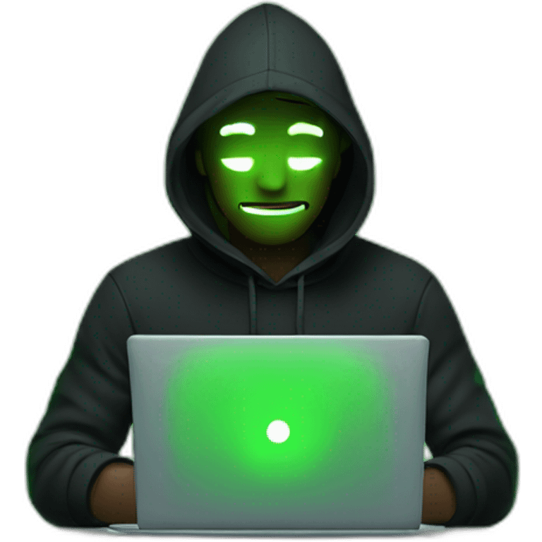 a man wearing a black hoodie behind a laptop screen projecting green light on him emoji