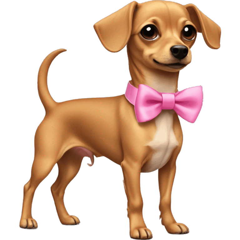 Short haired Chiweenie with a pink collar that has a bow  emoji