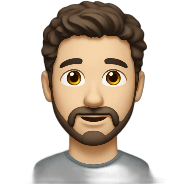 A young Caucasian man with dark brown eyes, almond-shaped eyes, short dark brown hair, and a small dark brown beard with a more prominent mustache. emoji