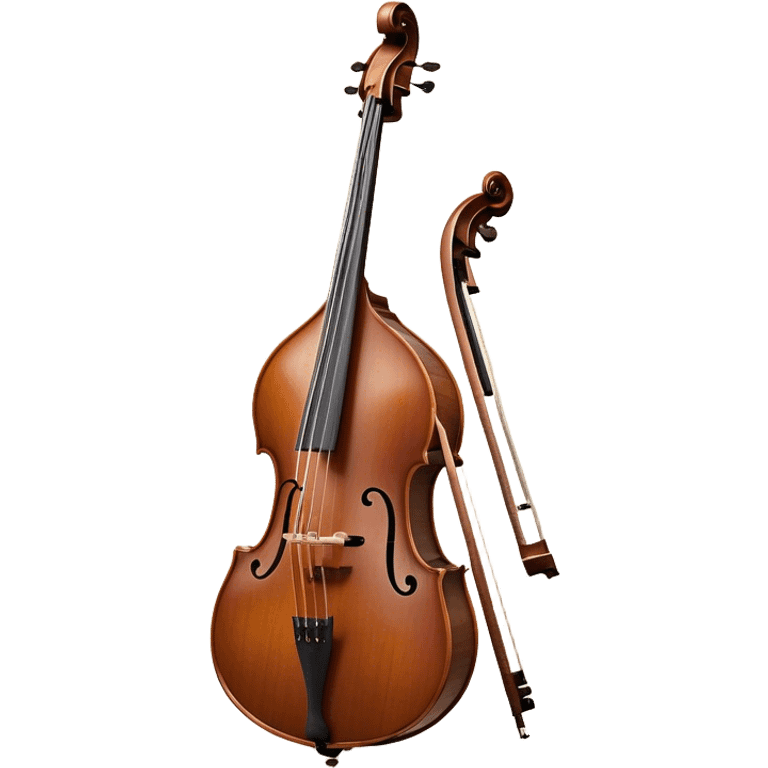 Create an elegant and detailed emoji representing a double bass with a bow. The design should feature the large, curved wooden body of the double bass with rich, dark wood tones and a smooth, polished finish. Include the long neck and scroll at the top of the instrument, with metal tuning pegs clearly visible. The bow should be shown beside or lightly touching the strings, emphasizing the role of the bow in producing sound. Add subtle musical notes or sound waves around the instrument to evoke its deep, resonant sound. Use warm tones like brown, gold, and ebony for the wood, with metallic accents for the strings and fittings. The background should be transparent. emoji