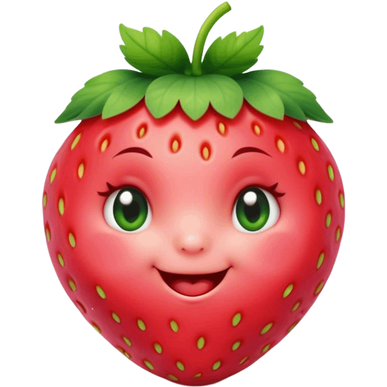 Cinematic plump happy strawberry, glossy bright red, tiny round eyes and blushing cheeks, green leafy top slightly tilted, cheerful and charming. emoji