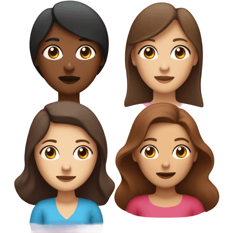 two ladies in love with a heart. the one on the left is a white lady with blue eyes and a brown bob with a pink shirt. the second is a venezuelan lady with brown eyes and dark brown hair with a red dress emoji