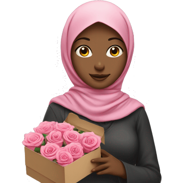 girl with pink hijab holding box and three roses emoji