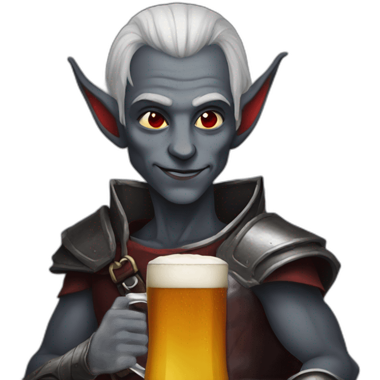 dark elf with gray skin and red eyes drinking beer emoji