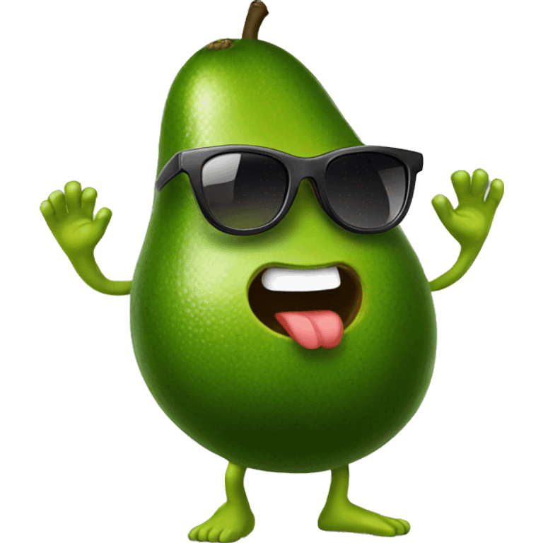 Happy avocado with hands and legs. It is wearing sun glasses emoji