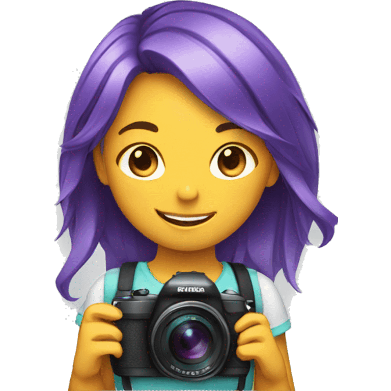 smiling girl with multicolored hair holding a camera emoji