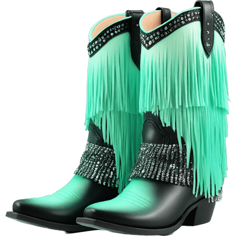 Realistic pastel mint green to black ombre pair of fashion cowgirl boots with sparkly shiny glitter fringe on them. emoji