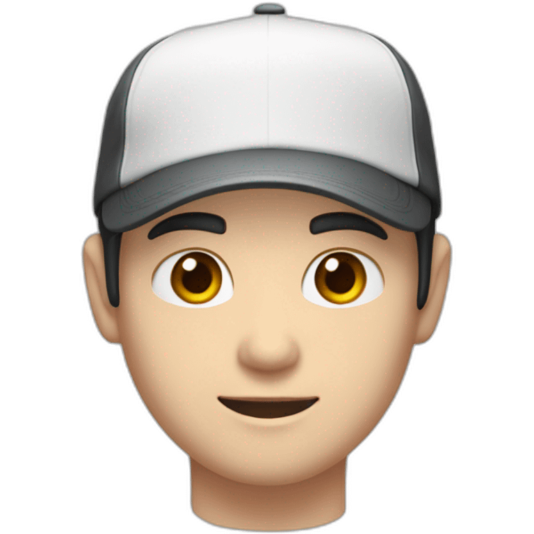 Pale skinned Man with black hair in a white cap and dark gray polo T-shirt with a box into his hands emoji