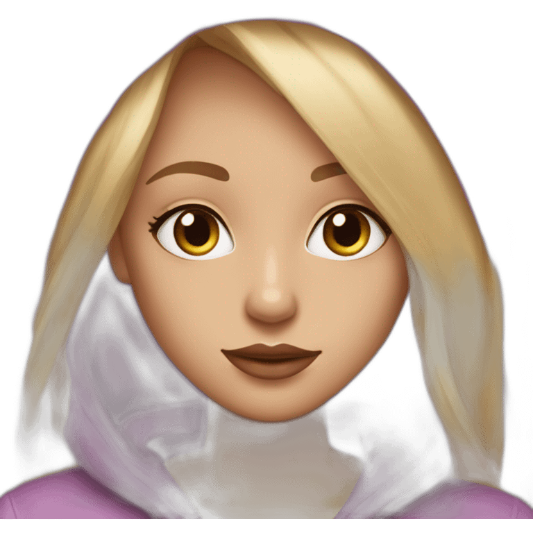 Purple hoodie rose blond long straight hair mascara eyelashes light red  color lip smaller eyes emoji