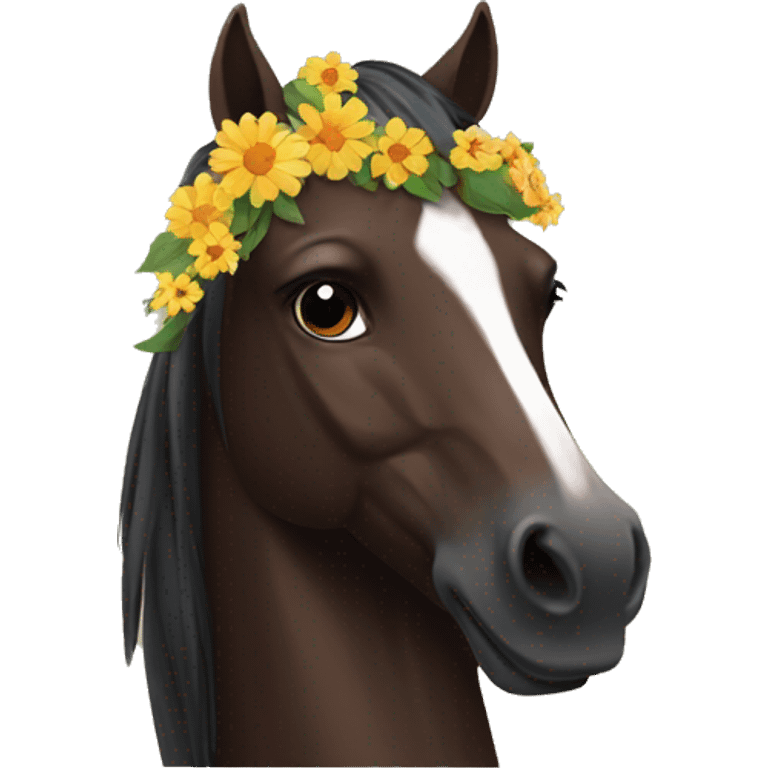 Complete dark Brown horse with flowers on his head  emoji