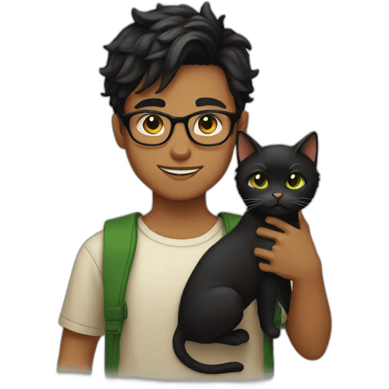 Boy with green eyes, with black short hair, glasses, holds Persian orange cat emoji