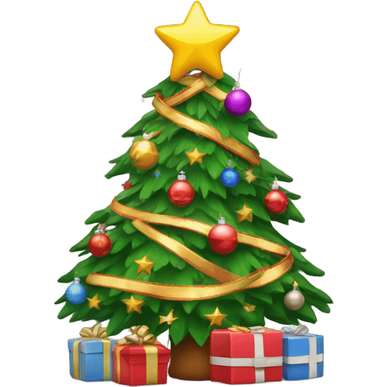 Decorated Christmas tree with presents below it and a star on top of the tree emoji