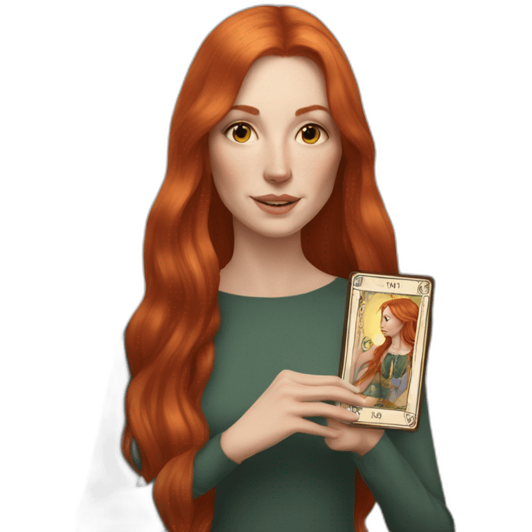 redhead white woman medium long straight hair, holding a tarot card in her hand emoji