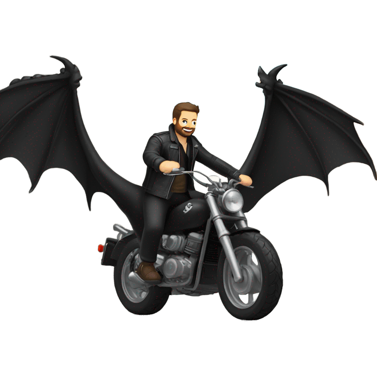 Confident White Man with dark brown hair and a short beard wearing black leather jacket and pants riding on the back of a giant black dragon emoji