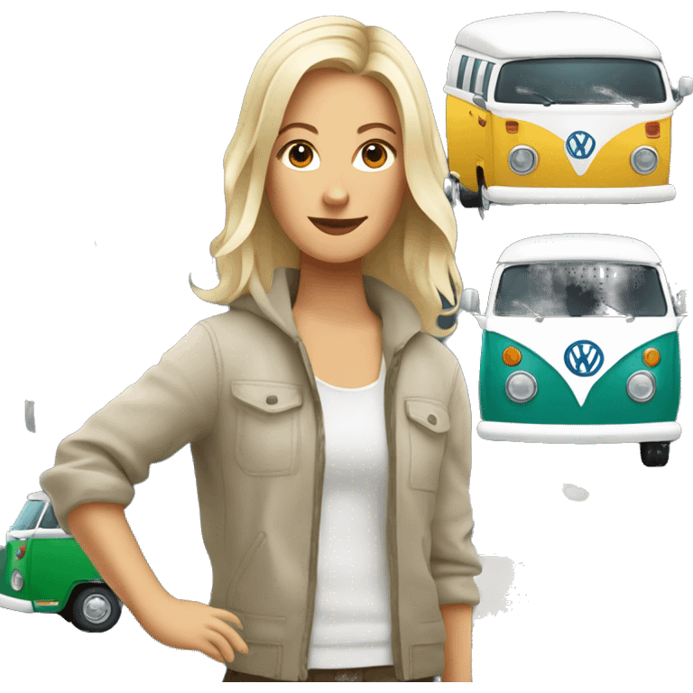 Hip white woman with a Volkswagen camper van  emoji