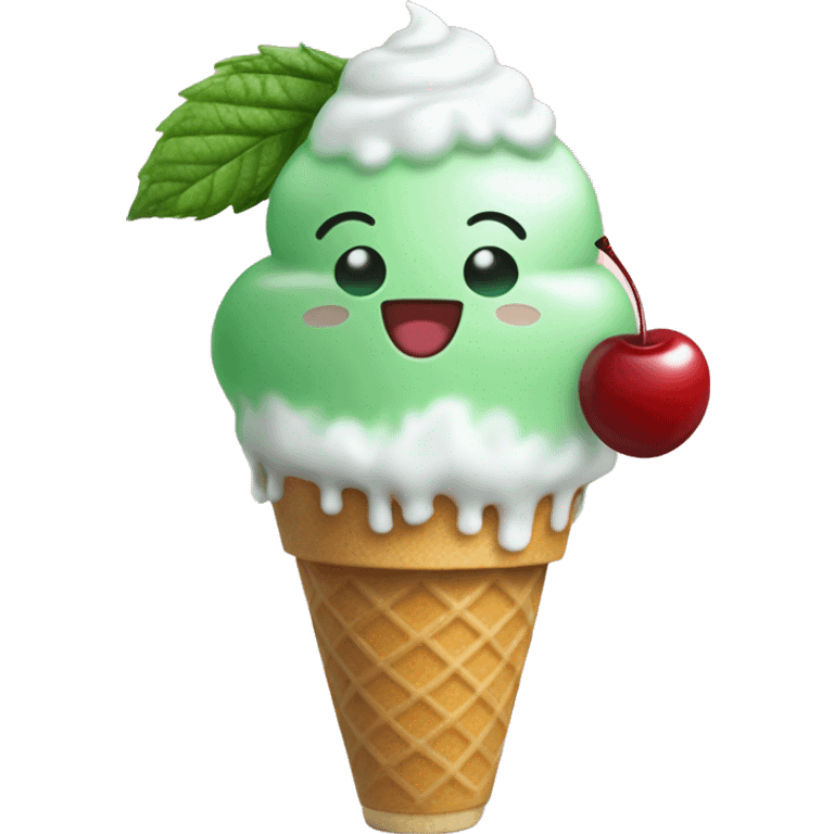 Green plain peppermint soda with vanila ice cream top and a small cherry emoji