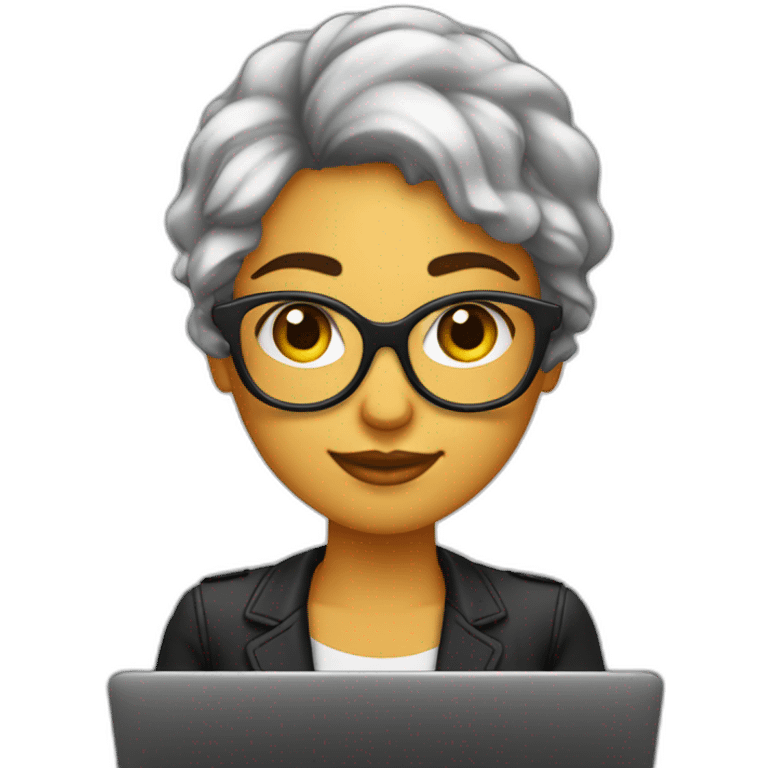 mujer piel blanca pelo negro gafas y trabajando en laptop emoji