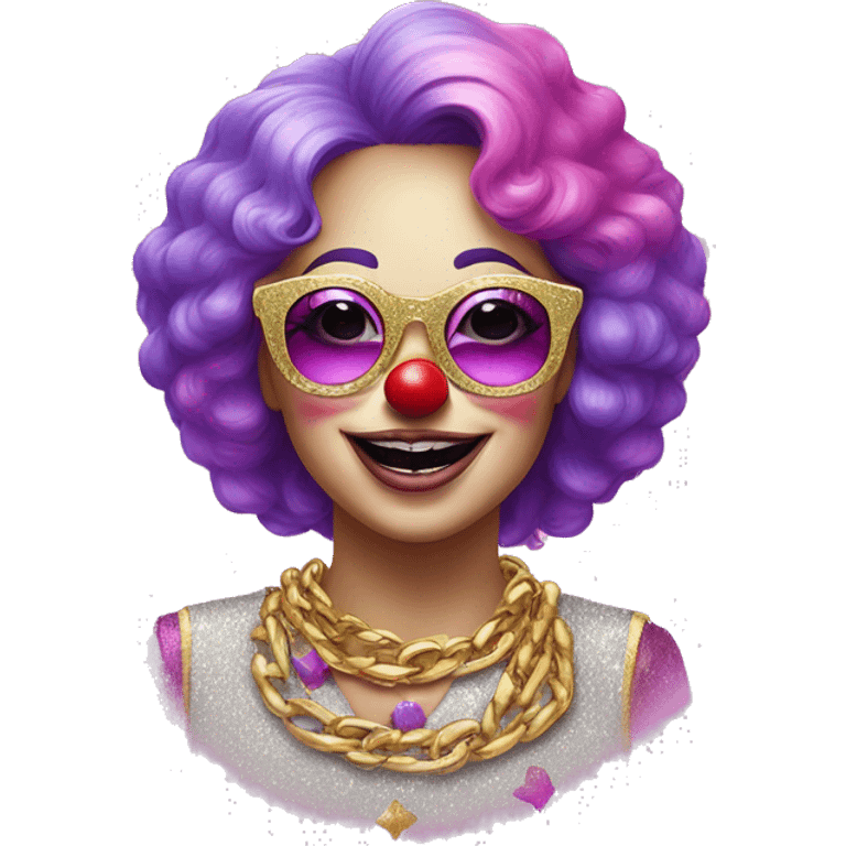 Lady Clown wearing pink sunglasses, glitter shirt, clown has pink and purple hair, gold chain,  emoji