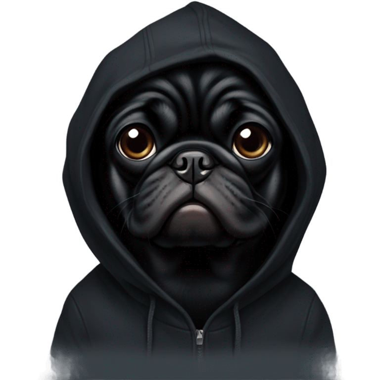 Black pug wearing a black hoodie emoji