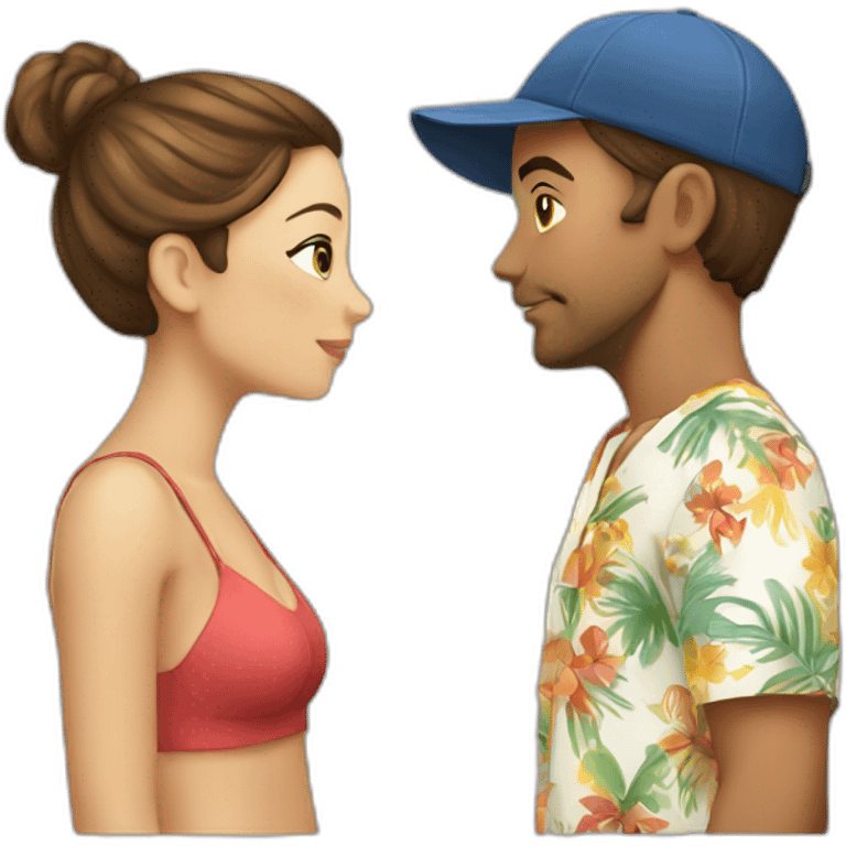 with beach clothes young metis man and white woman kiss love emoji