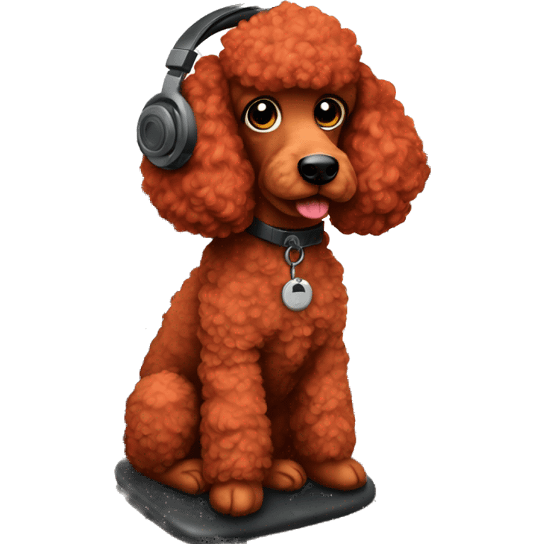 I want a red poodle sitting in front of a old computer screen with gaming headset on emoji