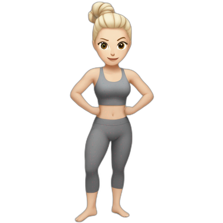 Pale skinned fit woman In a gray tight yoga suit and wristbands With ash blonde hair in a bun doing yoga emoji