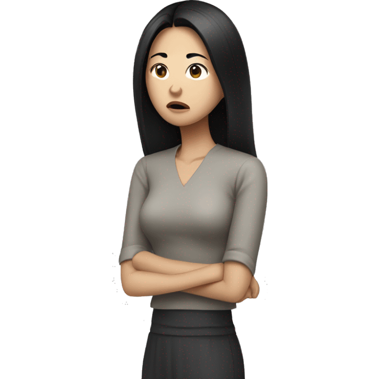 Asian woman with black hair with sad expression, hands on waist emoji