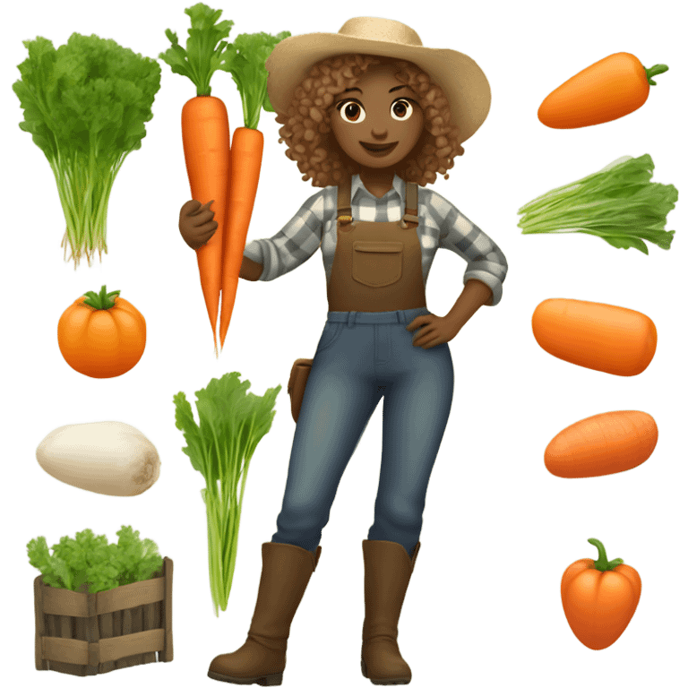 full body farmer girl with curls and curls, holding carrots, light skin, light hair emoji