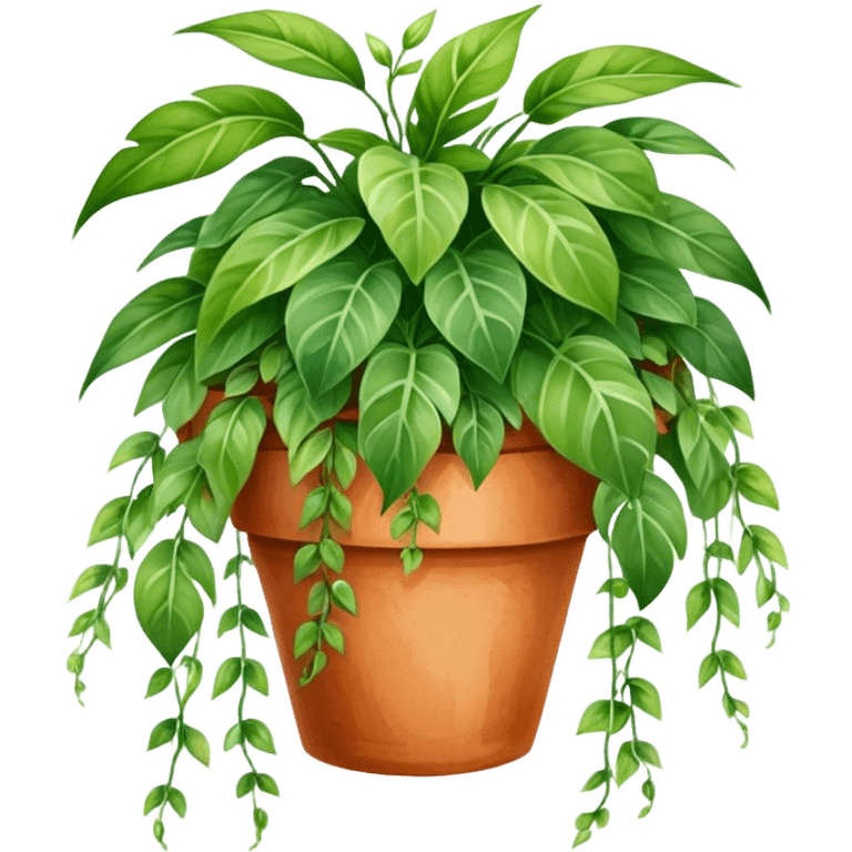 A vibrant hanging plant in a terracotta pot, painted in soft watercolor strokes with detailed leaves cascading down. emoji