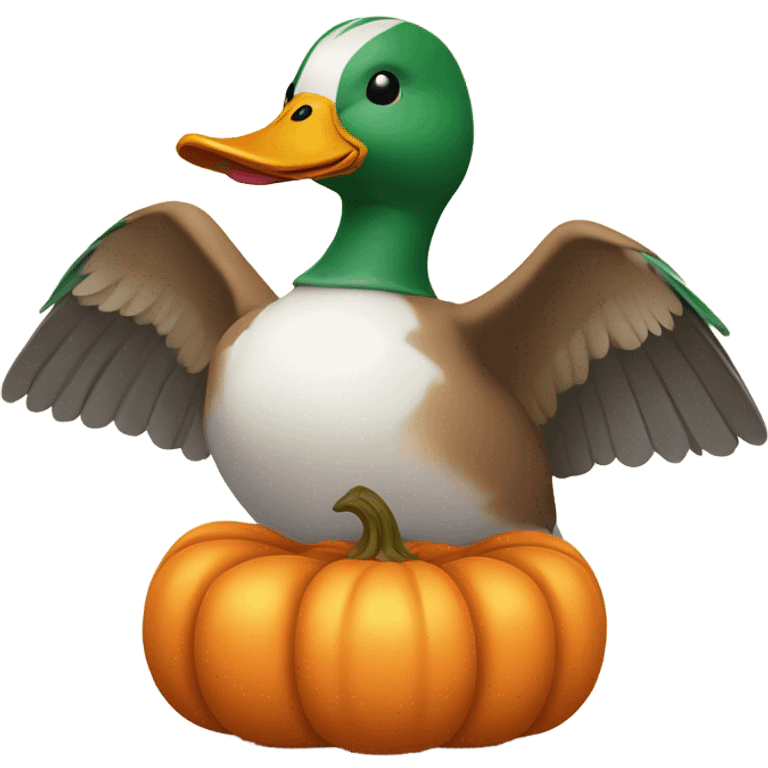 Mallard duck holding a pumpkin with both hands emoji