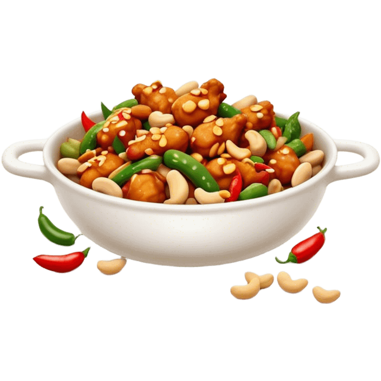 Cinematic Realistic Kung Pao Chicken Dish Emoji, showcasing spicy, stir‚Äêfried chicken with peanuts and vegetables rendered with dynamic textures and vibrant lighting. emoji