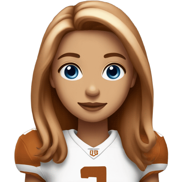 Beautiful girl, blue eyes, long beautiful light brown hair, wearing Texas Longhorn football jersey  emoji