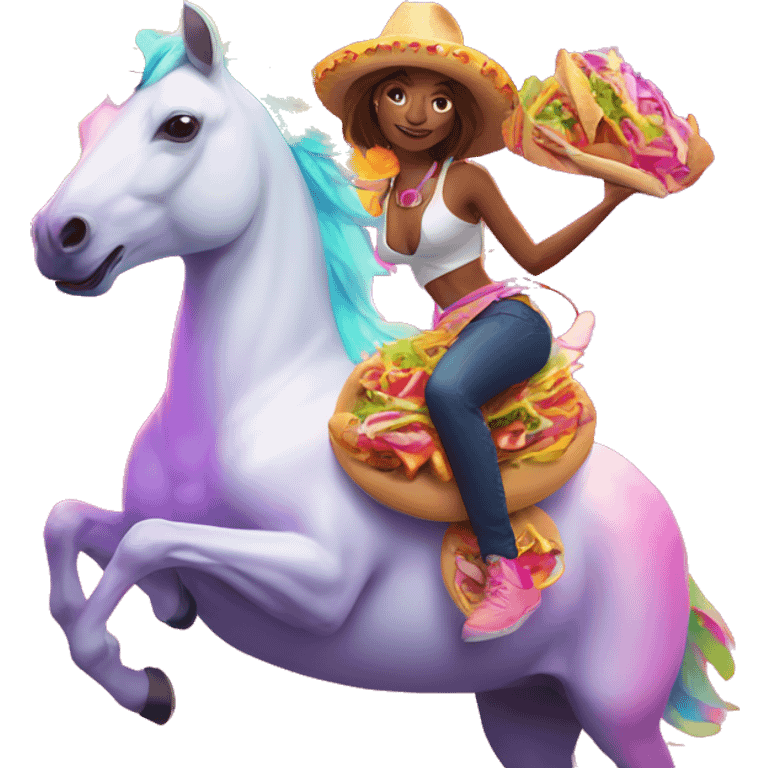 two women eating tacos while riding a unicorn surrounded by a neon heart that’s on fire emoji