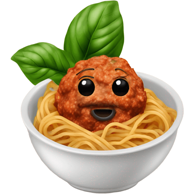 spaghetti with meatballs in a bowl with basil emoji