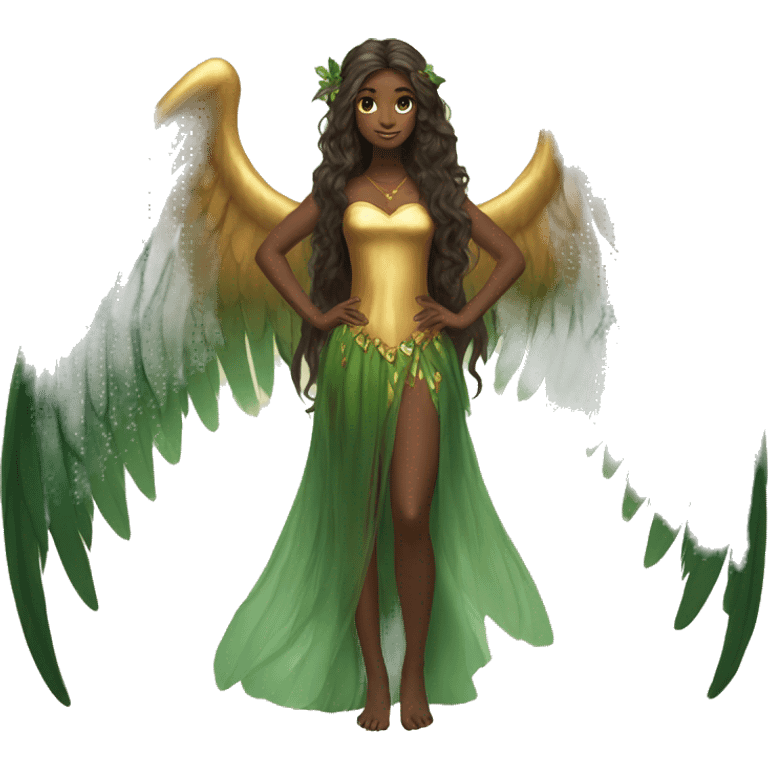 big wings, Beautiful, fairy, gold, brown, dark green, green, long hair emoji