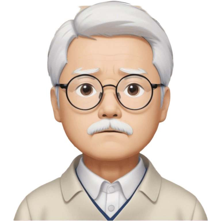 ​Cinematic Realistic Portrait of Hayao Miyazaki, depicted with striking white hair, defined black eyebrows, and large rectangular glasses, his thoughtful expression rendered in lifelike detail against a background of whimsical Studio Ghibli-inspired sketches, illuminated with soft, realistic lighting that emphasizes his creative genius, emoji