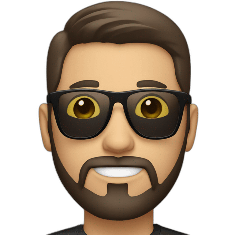 person short straight dark brown hair, goatee style beard with sunglasses. White background, simple black tshirt. smiling. white skin emoji