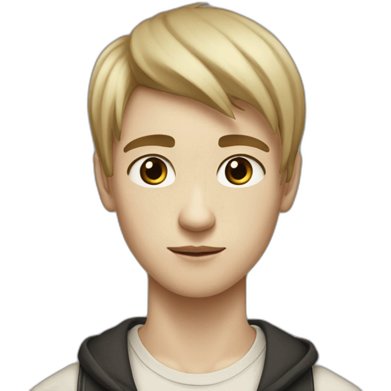 realistic teenager with white skin.  he has very black hair.  He has bangs to the right, his eyes are black, he also has a beige T-shirt, he is tall, he has an elongated neck and head emoji