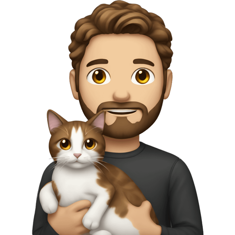 A white man with dark brown hair and beard holding calico cat emoji