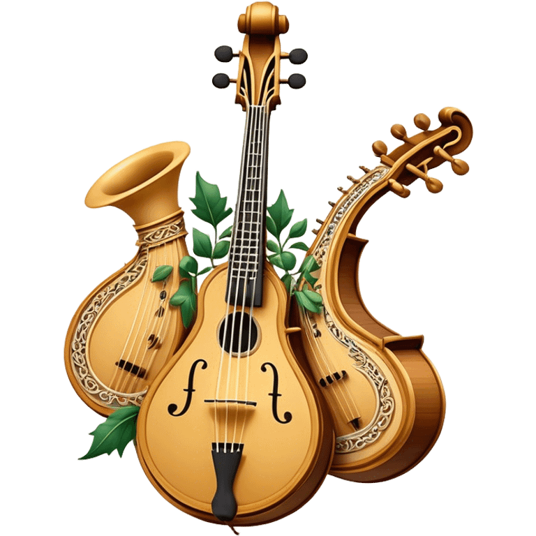 Create an intricate, festive, and emblematic emoji symbolizing plucked string instruments. The design should resemble a regal crest, featuring instruments like a banjo, mandolin, domra, sitar, and other plucked strings, arranged symmetrically in an ornate composition. Their necks and strings should elegantly intertwine with a flowing ribbon of musical notes, wrapping gracefully around the instruments. The overall shape should be grand and balanced, evoking a sense of tradition and celebration. Use a rich and refined color palette with gold, deep mahogany, and vibrant accents, adding intricate wood textures, decorative inlays, and metallic tuning pegs for a professional, polished look. The background should be transparent, making the emblem stand out as an independent artistic mark emoji