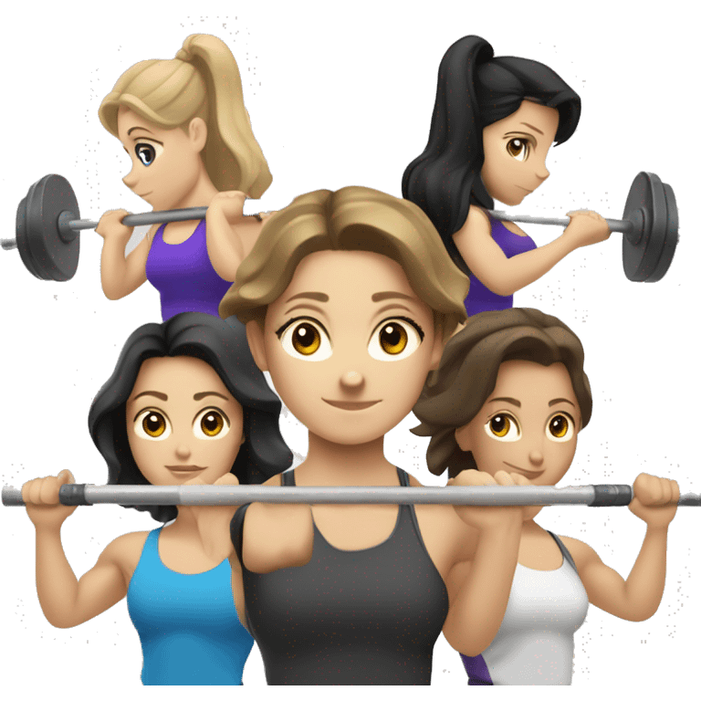 Three Caucasian girls with brown hair or black hair doing Olympic weightlifting with a barbell emoji