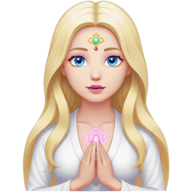 A cinematic realistic blonde with long hair, blue eyes, pink lips in white clothes meditates, her 7 chakras glow emoji