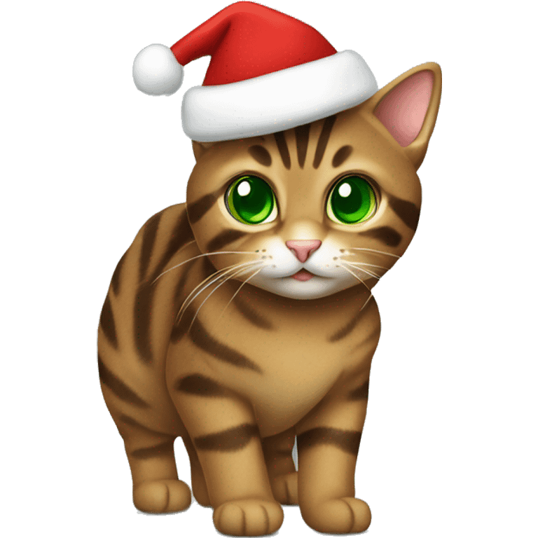 Brown tabby cat with green eyes wearing Christmas hat emoji