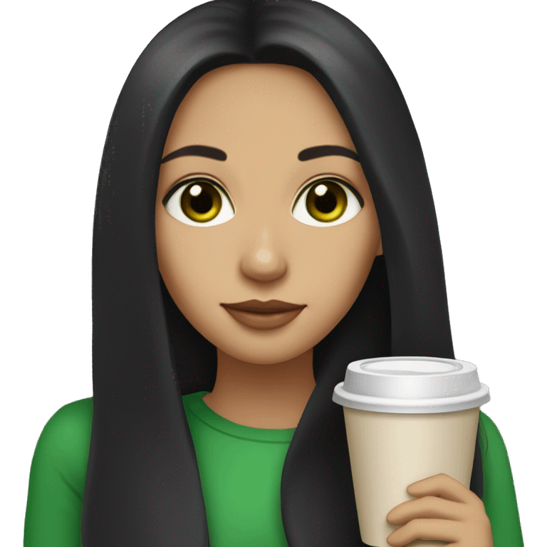 girl with long black hair, light skin tone, green eyes, sipping coffee emoji