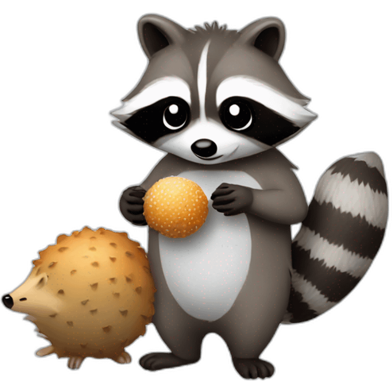 raccoon making snowballs with hedgehog eating meat on it  emoji