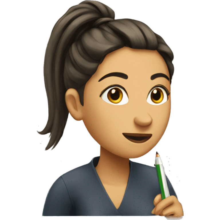 Woman with hair in ponytail writing on board emoji