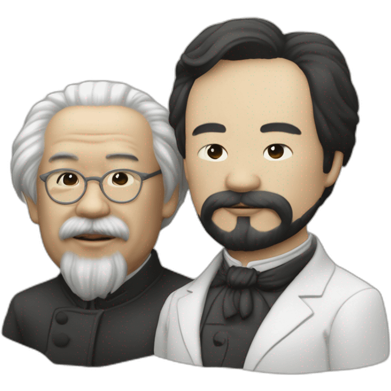 Li Hongzhi and Karl Marx, two human mentors, arm in arm，team up，rub shoulders, hooking up emoji